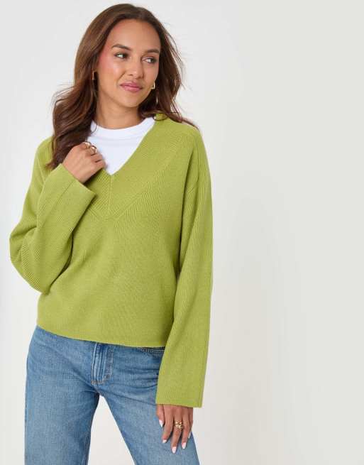 Threadbare Deep rib v-neck jumper in green, 2 of 4