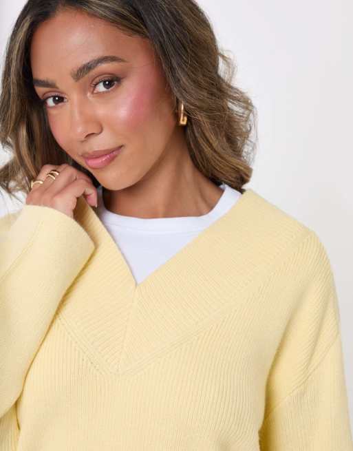 Threadbare Deep rib v-neck jumper in yellow, 3 of 5