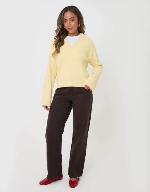 Threadbare Deep rib v-neck jumper in yellow, 4 of 5