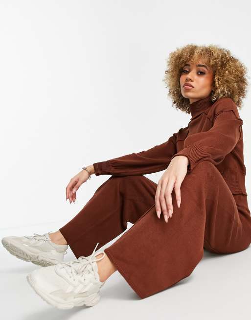 Threadbare Demetra roll-neck jumper and knitted wide- legged pants set in chocolate