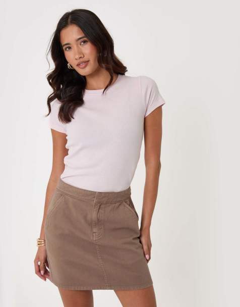 Threadbare Denim a-line mini skirt in mocha brown - view 1