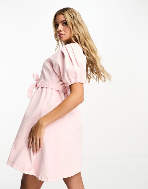 River Island belted midi dress with puff sleeves in light pink