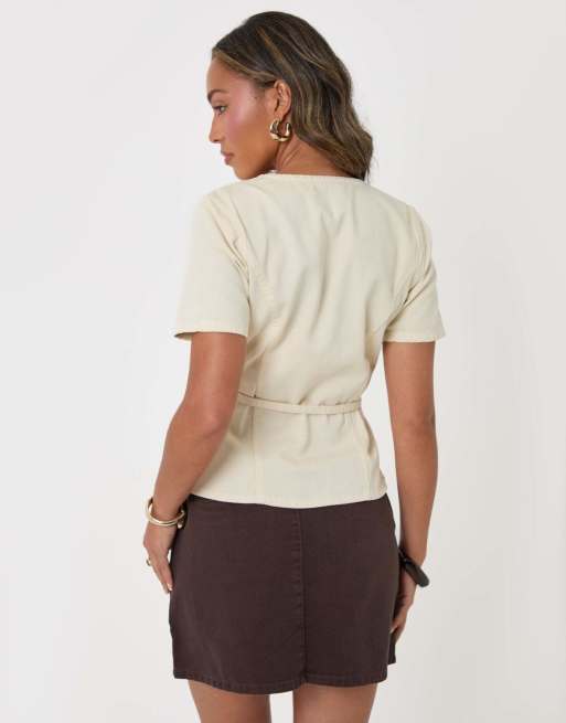 Threadbare Denim belted short sleeve top in ecru in ecru, 2 of 5