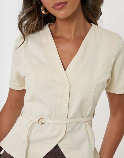 Threadbare Denim belted short sleeve top in ecru in ecru, 4 of 5