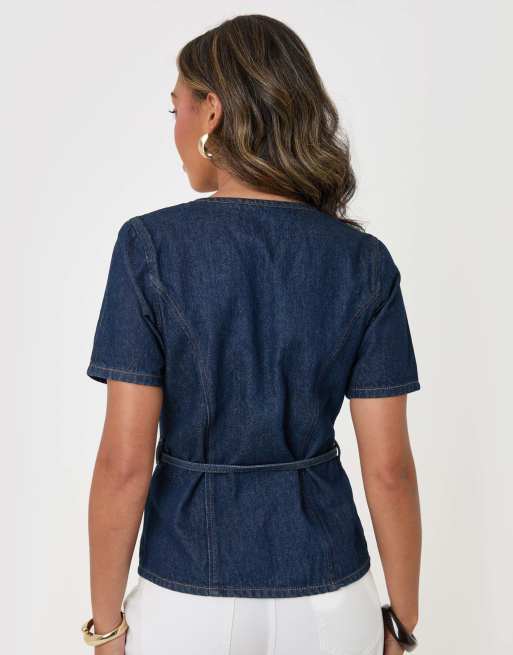 Threadbare Denim belted short sleeve top in indigo in indigo, 2 of 5