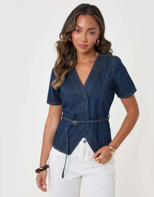 Threadbare Denim belted short sleeve top in indigo in indigo, 4 of 5