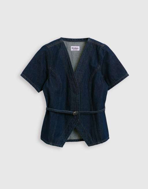 Threadbare Denim belted short sleeve top in indigo in indigo, 5 of 5