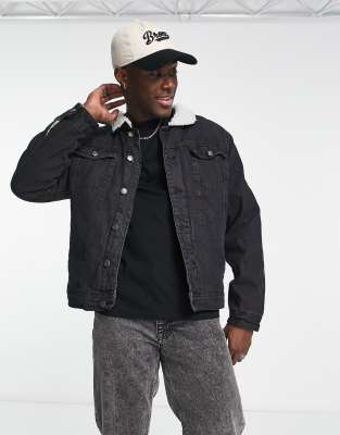 Threadbare denim jacket with borg collar and lining in black - ASOS Price Checker