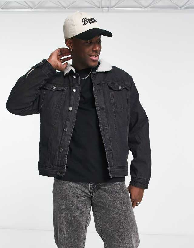 Threadbare denim jacket with borg collar and lining in black