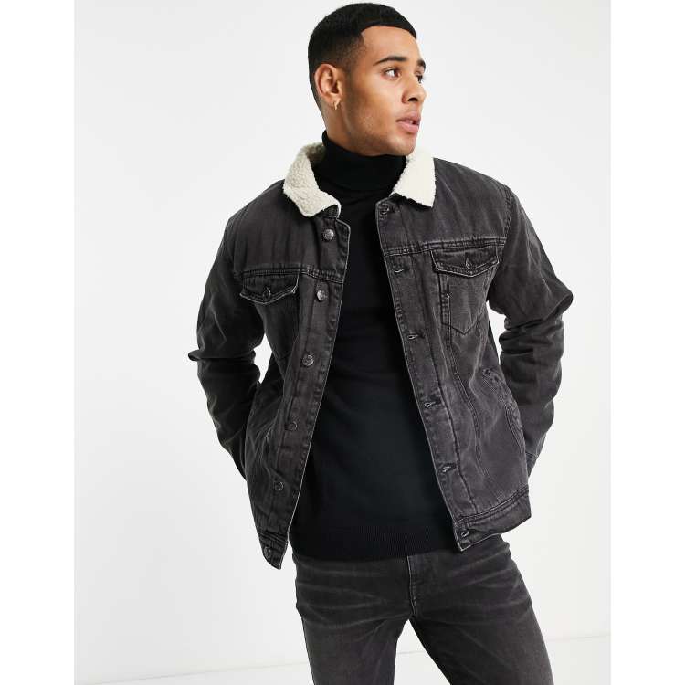 Threadbare denim jacket with sherpa lining and collar in black ASOS