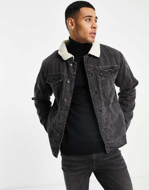 Threadbare denim jacket with sherpa lining and collar in black