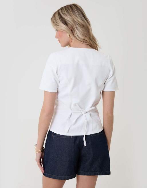 Threadbare Denim longline angel sleeve top in white, 2 of 4