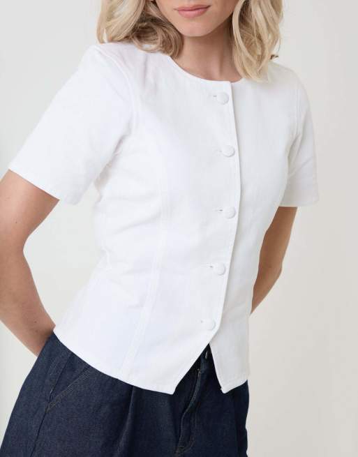 Threadbare Denim longline angel sleeve top in white, 3 of 4