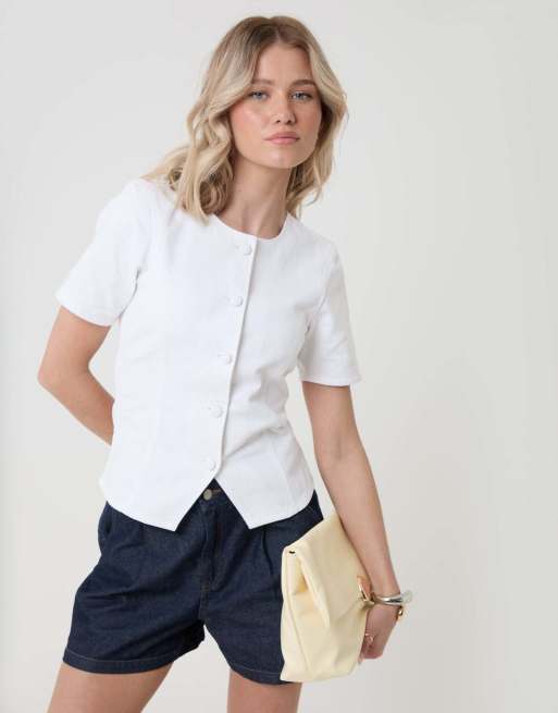 Threadbare Denim longline angel sleeve top in white, 4 of 4