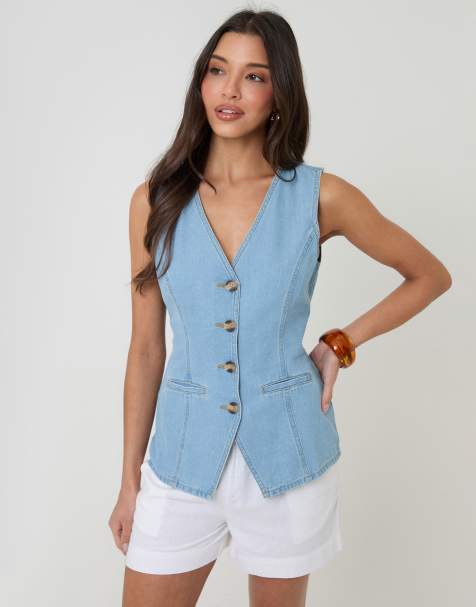 Threadbare Denim longline v-neck waistcoat in light blue - view 1