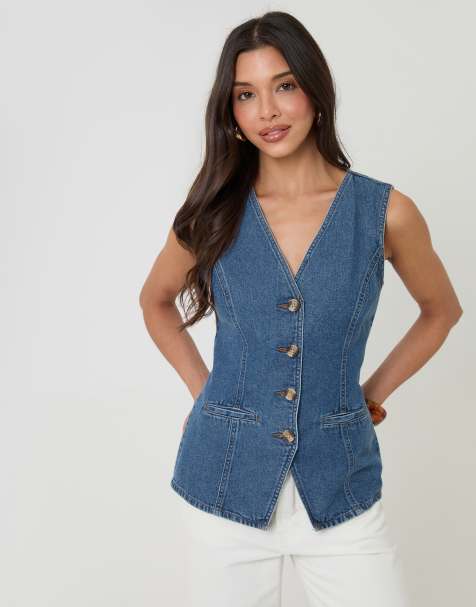 Threadbare Denim longline v-neck waistcoat in mid blue - view 1