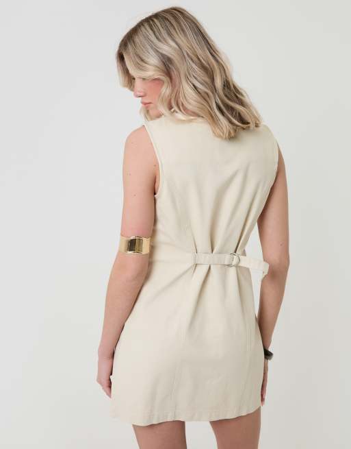 Threadbare Denim pinafore mini dress in ecru, 2 of 4