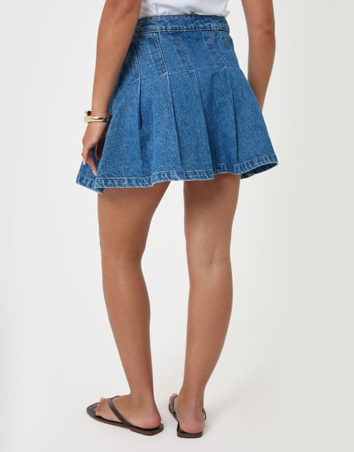 Threadbare Denim pleated mini skirt in mid blue, 2 of 4