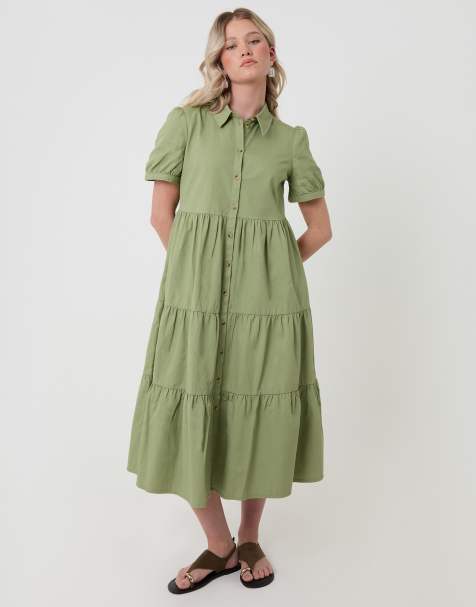 Threadbare Denim puff sleeve shirt dress in pale green