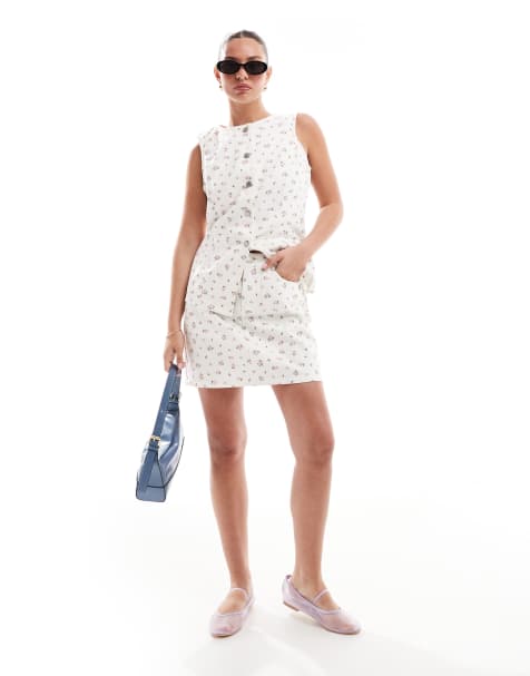Threadbare denim set in white with pink ditsy print - view 1