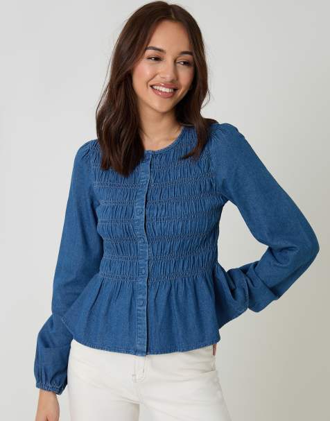 Threadbare Denim shirred smock blouse in mid blue