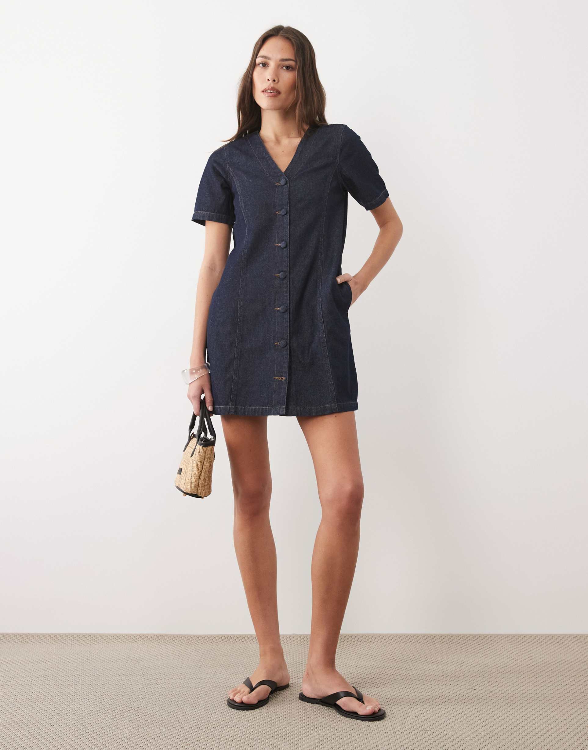 threadbare denim short sleeve button through mini dress in indigo blue