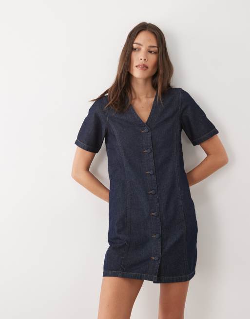Threadbare denim short sleeve button through mini dress in indigo blue, 2 of 4