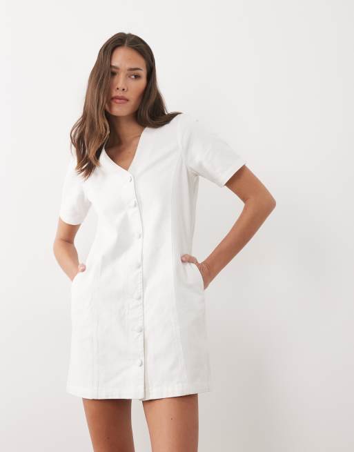 Threadbare denim short sleeve button through mini dress in white, 2 of 4
