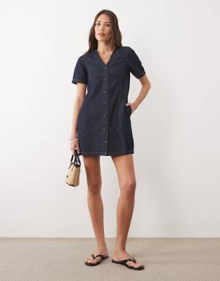 Threadbare Denim Short Sleeve Button Up Mini Dress In Blue