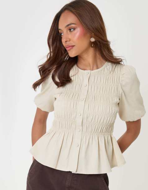 Threadbare Denim short sleeve smock blouse in ecru - view 1