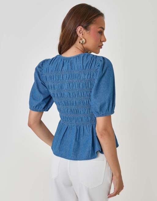 Threadbare Denim short sleeve smock blouse in mid wash, 2 of 4