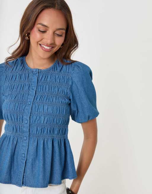 Threadbare Denim short sleeve smock blouse in mid wash, 3 of 4