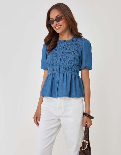 Threadbare Denim short sleeve smock blouse in mid wash, 4 of 4