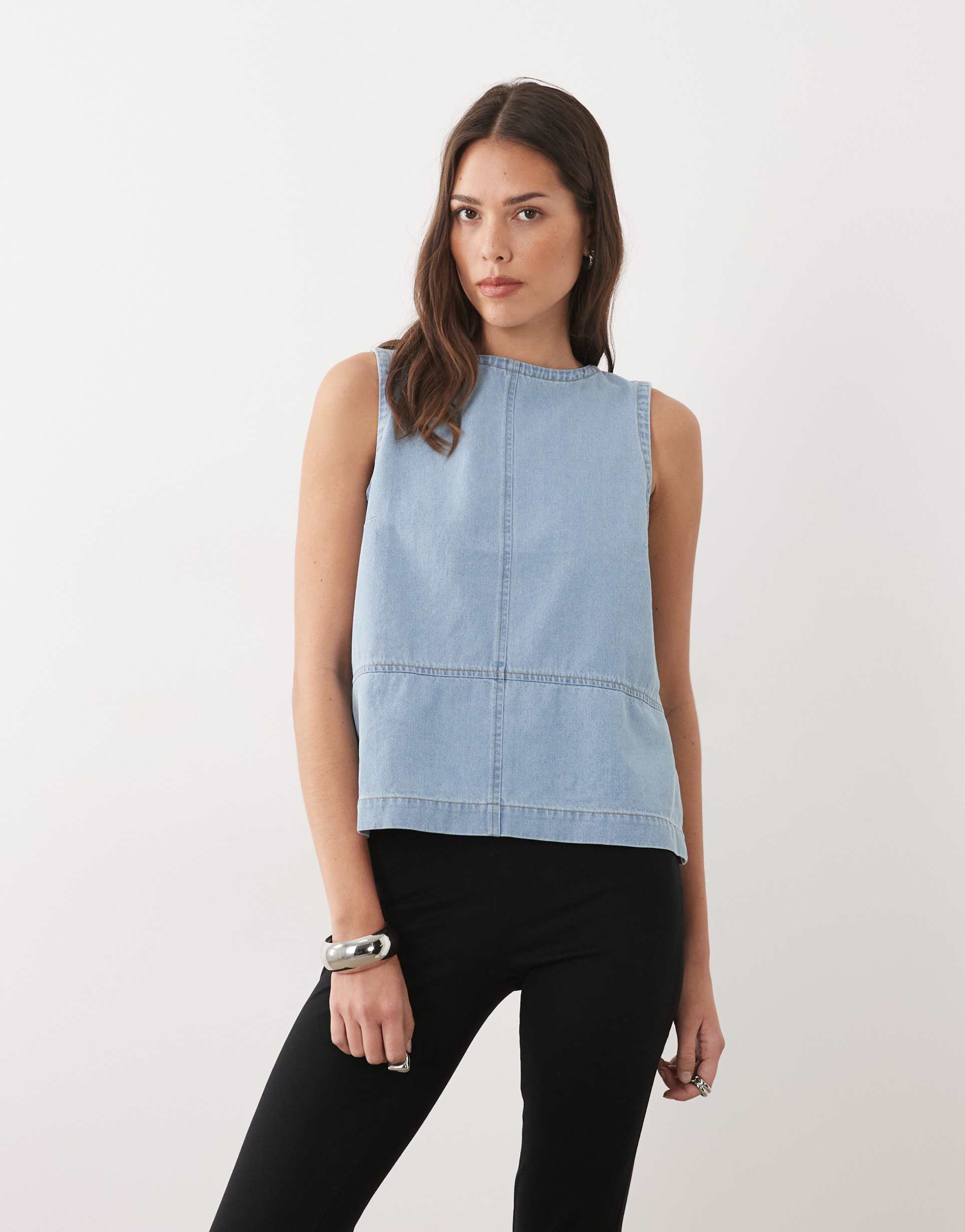 threadbare denim sleeveless top in mid-wash blue