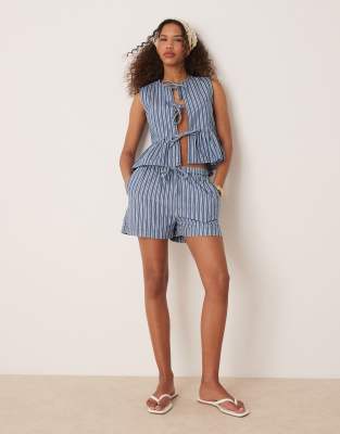 denim stripe shorts with drawstring tie waist in blue - part of a set