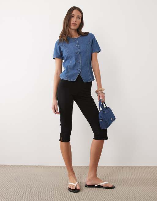 Threadbare - Denim top met korte mouwen en knoopsluiting in mid-wash blauw, 2 van 4