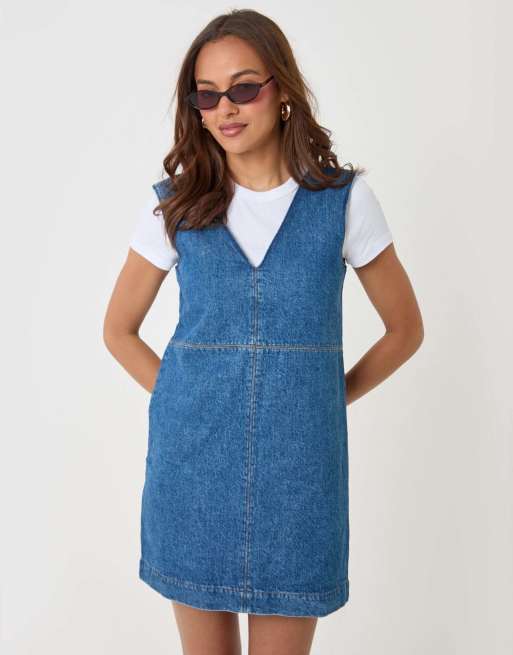 Threadbare Denim v-neck mini dress in mid wash, 4 of 6
