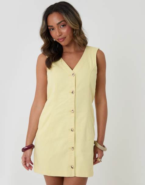 Threadbare Denim v-neck mini pinafore dress in yellow