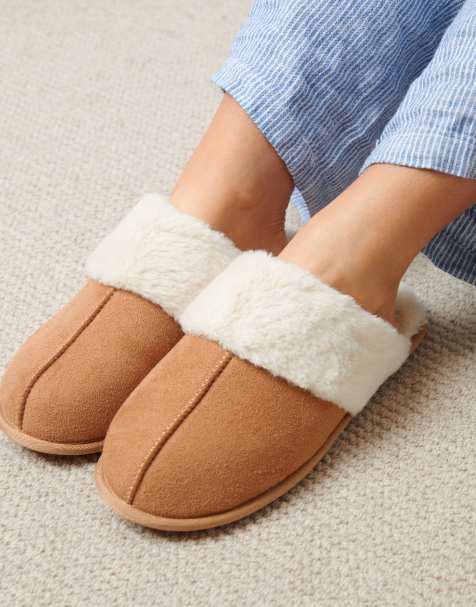 Threadbare 'denver' faux suede faux fur lined mule slippers in brown - view 1