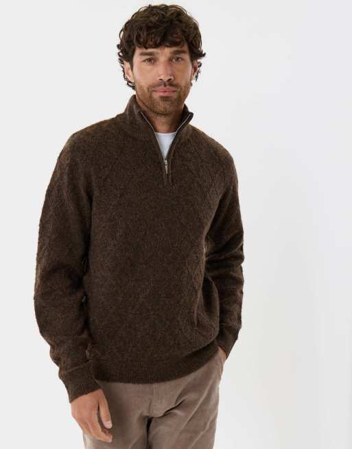 Threadbare Diamond cable knit quarter zip jumper in chocolate brown, 2 of 5