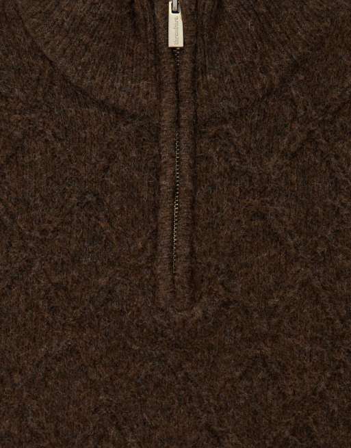 Threadbare Diamond cable knit quarter zip jumper in chocolate brown, 5 of 5
