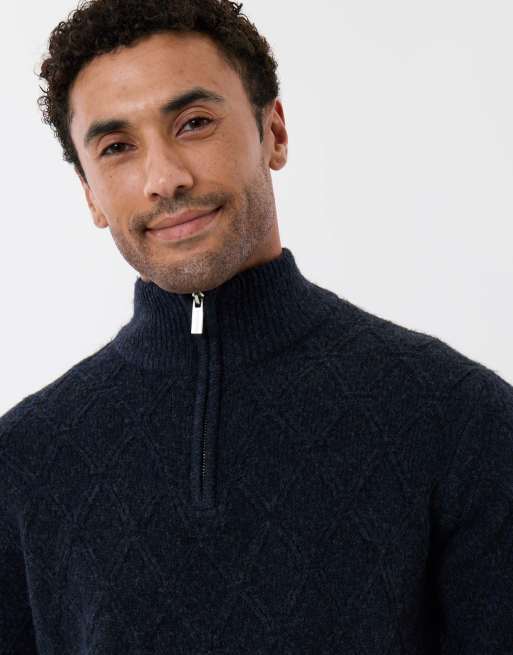 Threadbare Diamond cable knit quarter zip jumper in navy, 3 of 5