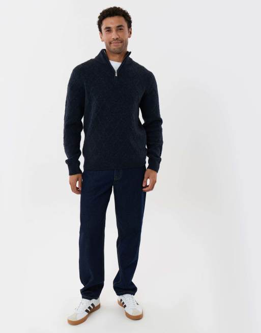 Threadbare Diamond cable knit quarter zip jumper in navy, 4 of 5