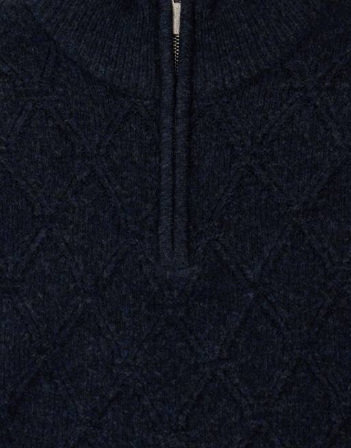 Threadbare Diamond cable knit quarter zip jumper in navy, 5 of 5