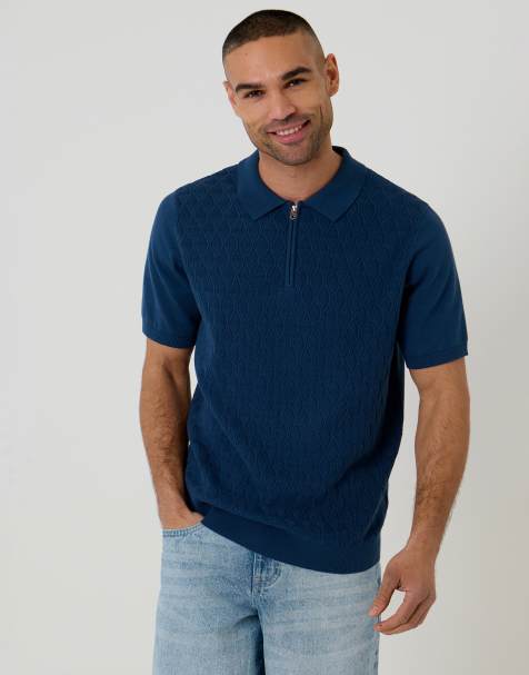 Threadbare Diamond cable knit quarter zip polo in blue - view 1