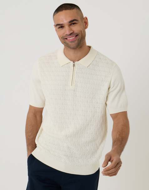 Threadbare Diamond cable knit quarter zip polo in natural - view 1