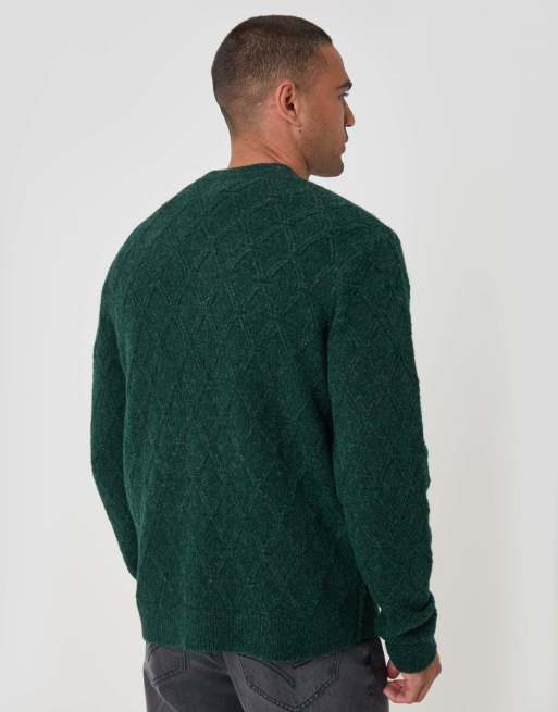 Threadbare Diamond cable knit v neck cardigan in forest green, 2 of 5