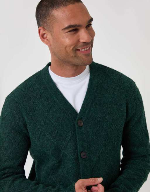 Threadbare Diamond cable knit v neck cardigan in forest green, 3 of 5