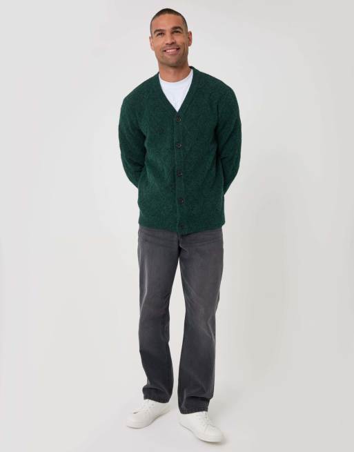 Threadbare Diamond cable knit v neck cardigan in forest green, 4 of 5