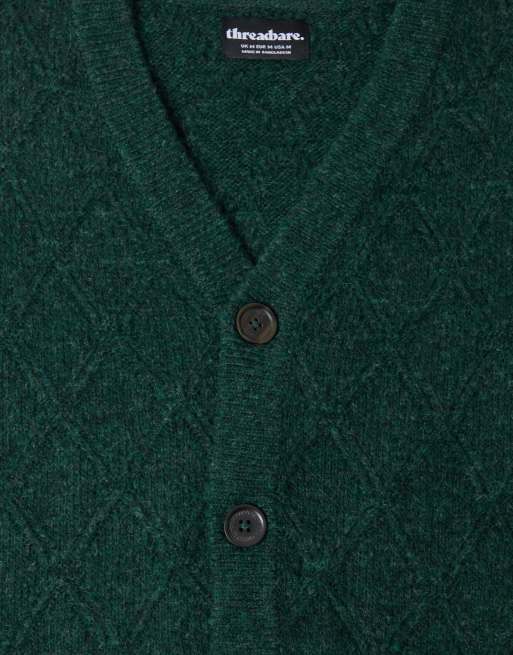 Threadbare Diamond cable knit v neck cardigan in forest green, 5 of 5
